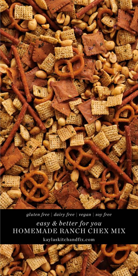 This Gluten Free Vegan Ranch Chex Mix is made using a few better for you swaps but tastes just as good as the real thing, if not better. It can be made in a slow cooker or in the oven and either way, it's super simple and so delicious! Gluten Free Chex Mix Recipes, Ranch Chex Mix Recipes, Gluten Free Snack Mix, Soy Free Snacks, Ranch Chex, Ranch Chex Mix, Gluten Free Chex, Homemade Chex Mix, Vegan Ranch