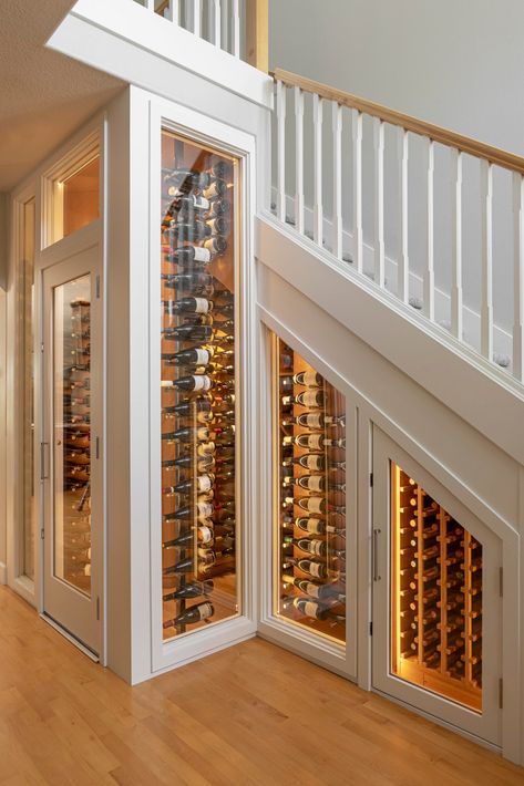 Wine Staircase, Basement Wine Cellar Under Stairs, Wine Cellar Closet, Wine Cellar Inspiration, Under Stairs Wine Cellar, Wine Wall Display, Wine Storage Wall, Glass Wine Cellar, Wine Rooms