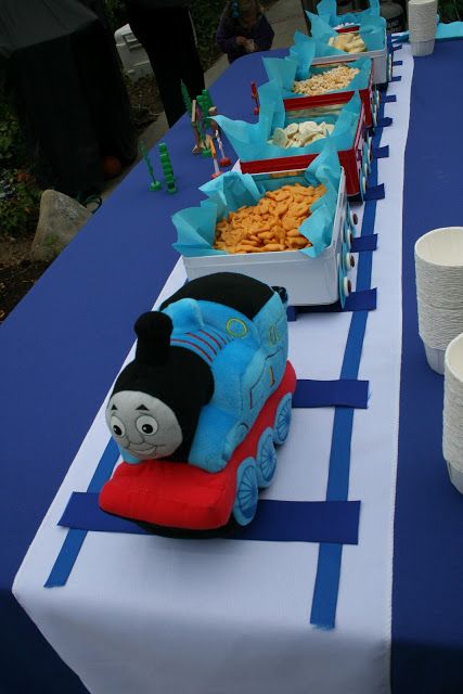 Food train idea - we have a lrg wood train we can use for the engine. Chugga-Chugga, Choo-Choo, My Baby Boy is Two! Thomas Party, Thomas Birthday Parties, Thomas The Train Birthday Party, Thomas The Train Party, Thomas Train, Thomas Birthday, Trains Birthday Party, Train Party, Train Birthday