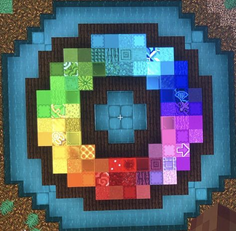 Rainbow circle Minecraft Circle Design, Minecraft Circle Window Design, Minecraft Banner Rainbow, Minecraft Circle Floor Pattern, Circle Base Minecraft, Minecraft Color Gradient, Minecraft Rainbow House, Circle Window Minecraft, Minecraft Colorful Builds