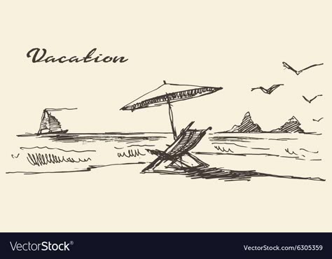 Beach View Drawing, Vacation Drawing Ideas, Seaside Drawing, Beach Scene Sketch, Beach Drawing Sketches, Beach Outline, Beach Doodle, Vacation Drawing, Seaside Illustration