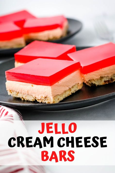 Jello cream cheese bars are a tripled layered dessert with a shortbread crust, cream cheese center, and jello top. Perfect dessert to share at your next family get together. Desserts Using Cream Cheese, Jello Cream Cheese, Cheese Bars Recipe, Jello Deserts, Cream Cheese Bars Recipe, Jello Cheesecake, Jello Mold Recipes, Hawaiian Desserts, Cheese Bars