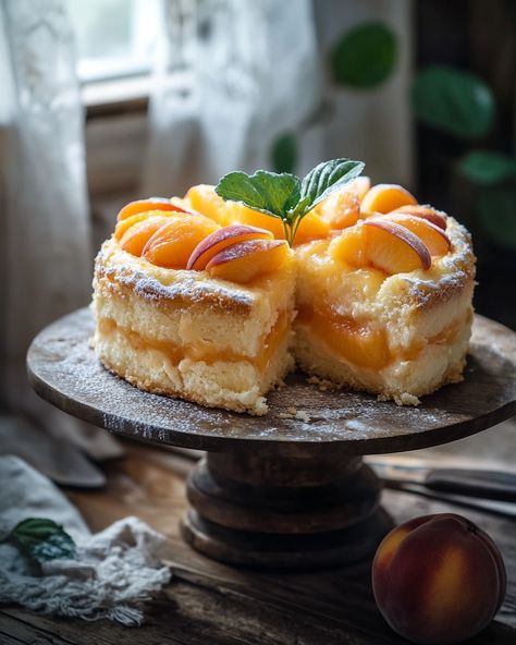 🍑 Irresistible Summer Peach Cake 🍰 A moist and flavorful cake filled with juicy peaches, perfect for summer gatherings or a sweet treat with a cup of coffee. Drizzled with peach preserves, this cake is a delicious celebration of the season's finest fruit! 🥄 Ingredients • 2 cups (250g) all-purpose flour • 1 1/2 cups granulated sugar • 1 cup unsalted butter, softened • 4 large eggs • 1/2 cup milk • 2 tsp baking powder • 1/2 tsp salt • 1 tsp vanilla extract • 2 cups fresh peaches, cho... Fruit Filling For Cake, Powdered Milk Recipes, Peach Cakes, Fruit Topped Cake, Peach Cake Recipe, Food Photography Cake, Fresh Fruit Cake, Peach Preserves, Summer Cake