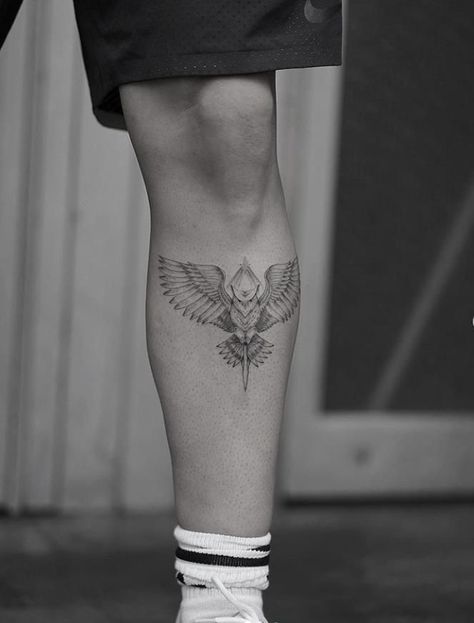 Tattoo Ideas For Men In Leg, Wing Tattoo Leg, Leg Tattoo Men Shin, Wing Leg Tattoo, Wings Leg Tattoo, Wings Tattoo Leg, Wings Knee Tattoo, Legs Tattoo Men Ideas Design, Shin Tattoo Men