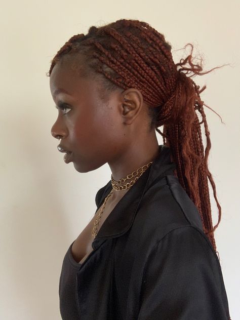 Ginger Hairstyles Black Women Braids, Pjo Faceclaims, Red Braids On Brown Skin, Red Braids On Dark Skin, Braided Hairstyles Ginger, Red Braids Aesthetic, Ginger Knotless, Ginger Knotless Braids, Ariel Aesthetic