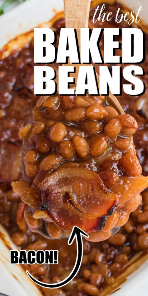 Baked beans are a summer and BBQ staple and this version is packed with great flavor, sweetened with brown sugar, and topped with bacon! Loaded Baked Beans, Crockpot Baked Beans, Baked Beans Crock Pot, Canned Baked Beans, Easy Baked Beans, Best Baked Beans, Baked Beans With Bacon, Bbq Baked Beans, Beans With Bacon