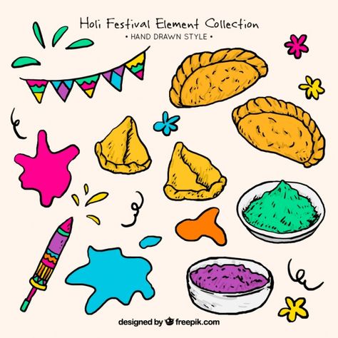 Collection of holi festival elements in hand-drawn style Free Vector Festival Doodle Art, Holi Doodle, Holi Decor, Holi Decoration, Holi Theme, God Ganesh, Ib Art, Chocolate Bouquet Diy, Holi Festival