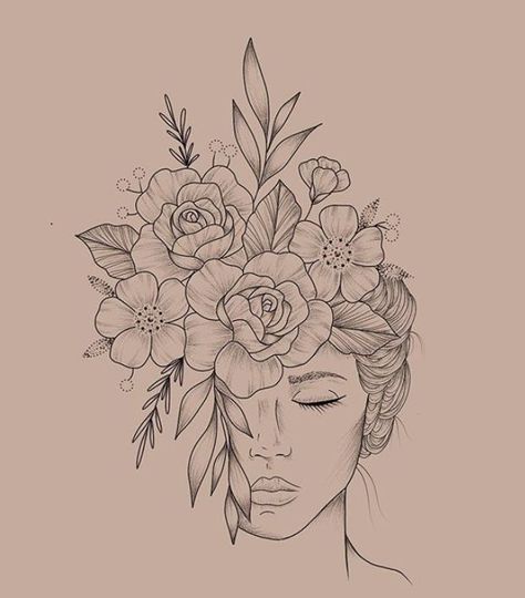 Woman’s Face With Flowers Tattoo, Simple Floral Sketch, Line Drawing Woman Flowers, Face With Flowers Tattoo, Line Art Woman Flowers, Face With Flowers, Drawing Sketchbook, Line Art Design, Outline Art