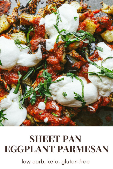 Image of keto eggplant parmesan on a sheet pan. Sheet Pan Eggplant Parmesan, Low Carb Eggplant Parmesan, Sheet Pan Eggplant, Easy Eggplant Parmesan, Eggplant Parmesan Recipe, Easy Eggplant, Italian Seasonings, Eggplant Recipes Parmesan, Keto Gluten Free