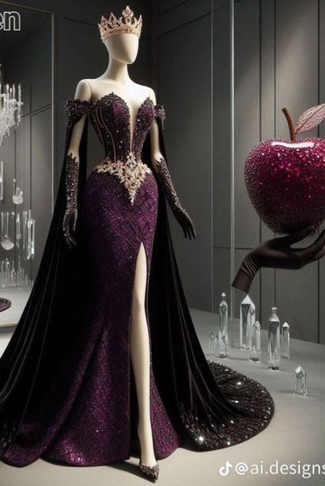 Evil Queen Gown, Purple Villain Outfit, Evil Princess Dress, Acotar Cosplay, Queen Scarlet, Crypt Tv, Villain Dresses, Queen Gown, Black Uniform