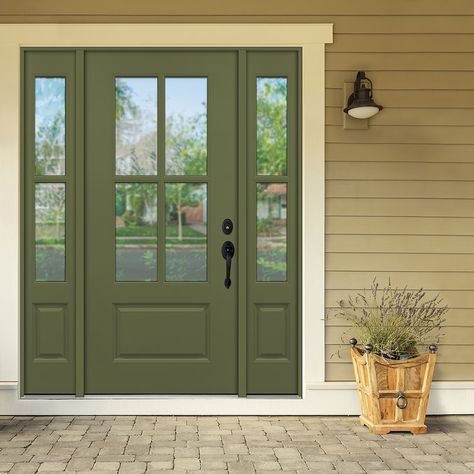 4 Window Pane Front Door, 9 Lite Front Door, Front Door 2 Sidelights, Exterior Front Door With Side Lights, Exterior Front Doors Modern, Glass Front Door With One Sidelight, Single Front Doors With Glass Panels, New Front Door Ideas, House Exterior Front Door