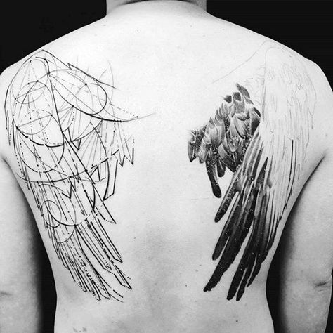 Wings Tattoo On Back For Men, Folded Wings Tattoo, Geometric Wings Tattoo, Single Wing Tattoo, One Wing Tattoo, Mens Back Tattoo Ideas Unique, Back Wings Tattoo, Unique Back Tattoos, Realistic Angel