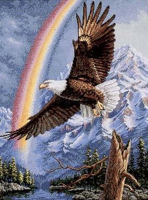 eagle w rainbow 1 Chicano Tattoos Lettering, Dimensions Cross Stitch, Sette Nani, Eagle Pictures, Cross Stitch Boards, Cross Stitch Landscape, Pola Kristik, Cross Stitch Bird, An Eagle