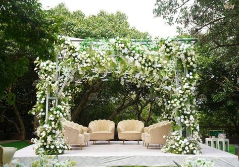 MPIRE on Instagram: "The sacred place of deep souls and unconditional love right into the depths of the forest. Bringing nature to life with this green and white floral mandap. Productions & Decor: @theperfectknock Design: @its.an.affair 📍: @lmmahabaleshwar . #MpireStateOfMind . #Mpire #MpireWeddings #WeddingPlanners #WeddingDay #Pheras #DestinationWedding #WeddingTrends #WeddingVows #WeddingShenanigans #LuxuryWeddings #WeddingInspiration #WedInspo #DestinationWeddingPlanning #MandapDecor Green Mandap, Eco Friendly Wedding Mandap, Forest Wedding Mandap, Day Wedding Mandap, Green Indian Wedding, Mandap Decor Indian Day Wedding, Mandap Decor Indian Outdoor Day, Alice In Wonderland Decorations, Mandap Decor