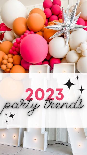 Pop of Color Balloon Design on Instagram: "Ready for some 2023 party trend predictions? 1. Bright and bold colors will be everywhere from weddings to kids’ parties 2. Disco balls are having a m.o.m.e.n.t. and I’m predicting we will be seeing them in more colors than just your typical silver 🤩 3. Boho is out, Garden Chic is in. Think pretty poppies, natural textures, and lots of greenery 4. Speaking of greenery - fresh greenery will continue to be everywhere next year. It works great with any co Trending Backdrops 2023, Three Color Balloon Garland, 2023 Birthday Party Trends, Disco Ball Balloon Decor, Birthday Party Trends 2023, 2023 Balloon Trends, 2023 Party Trends, 2023 Party Decor Trends, Party Trends 2023