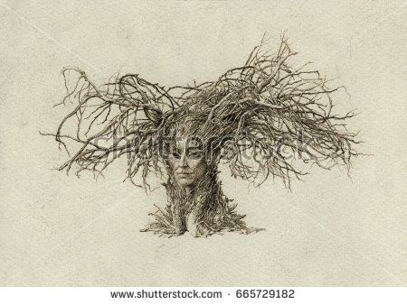 Dryad. Surreal humanoid creature with tree branches instead of hair.