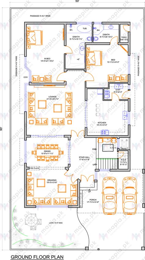 Kanal House Plan, Floor Plan Elevation, 10 Marla House Plan, Home Map Design, 2d Floor Plan, Plan Elevation, Indian House Plans, 3d Floor Plan, Little House Plans