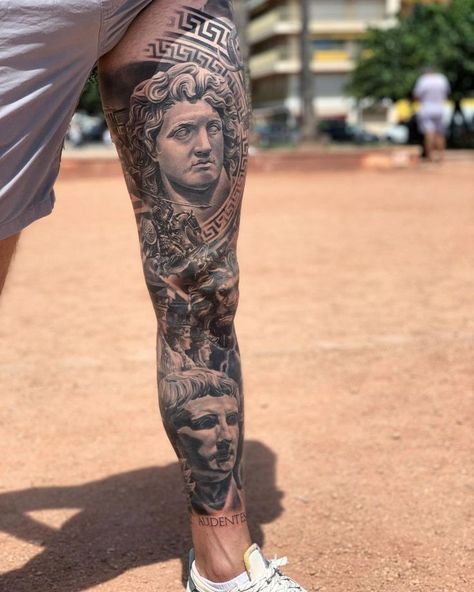 Bicep Forearm Tattoo, Greek God Leg Tattoo, Greek Mythology Tattoos Sleeve Ideas Men, Men’s Leg Sleeve Tattoo Ideas, Greek Leg Tattoo, Greek God Tattoo Sleeve, Greek Mythology Leg Sleeve, Leg Tats For Guys, Greek Sleeve Tattoo