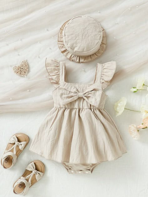 Baby Girl Solid Color A-Line Dress With Flutter Sleeves And Bow DecorI discovered amazing products on SHEIN.com, come check them out! Dress With Flutter Sleeves, Girls Attire, Baby Girls Dresses, Bow Decor