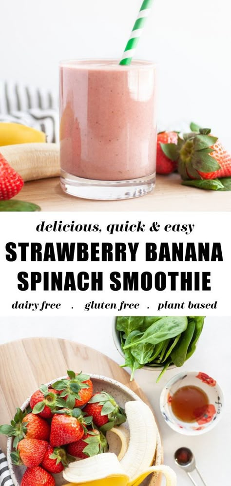 Learn how to make the best healthy and easy strawberry banana smoothie with spinach! This green twist on a strawberry and banana smoothie is dairy free, gluten free, and packed with protein! Smoothie With Spinach, Banana Spinach Smoothie, Spinach Smoothie Recipes, Protein Smoothie Recipes, Kale Smoothie, Healthy Strawberry, Strawberry Banana Smoothie, Healthy Breakfast Smoothies, Spinach Smoothie