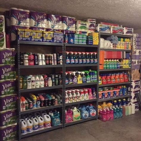 Small Hallway Organization Ideas, Back Stock Storage, Large Pantry Storage Ideas, Couponing Stockpile Organization, Couponing Storage, Extreme Couponing Stockpile Storage, Stockpile Room, Coupon Stockpile Storage, Backstock Storage