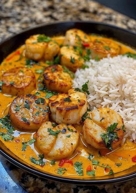 "Spice up your dinner with these mouthwatering Spicy Coconut Curry Scallops! A perfect blend of flavors that will leave you craving more. #scallops #coconutcurry #seafoodrecipe" Curried Scallops Recipe, Coconut Curry Scallops, Steak And Scallops Recipes, Curry Scallops Recipe, Scallop Curry, Cajun Scallops, Curry Scallops, Spicy Coconut Curry, Chicken Vegetable Stew