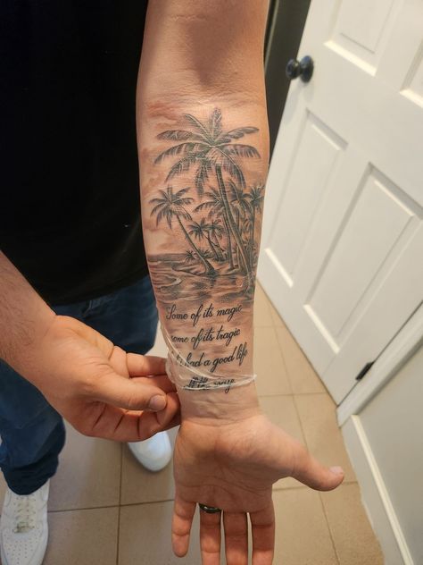 Day Dreamer Tattoo, Jamaican Tattoo Ideas For Men, Family Arm Tattoo, Half Forearm Tattoo, Inner Forearm Tattoo Men Half Sleeves, Hawaii Tattoo Men, Small Men Tattoo Ideas, Barbados Tattoo, Florida Tattoo Ideas For Men