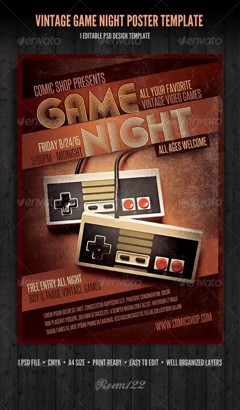 Vintage Game Night Poster Template by GraphicMonkee | GraphicRiver Game Night Poster, Game Night Flyer, Library Programming, Trendy Games, Games Night, Poster Inspiration, Vintage Video, Vintage Video Games, Vintage Videos