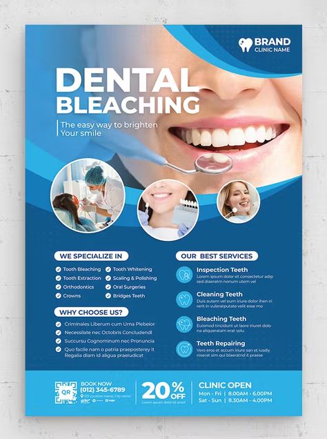 Dental Clinic Flyer / Poster Template AI, EPS Dental Design Poster, Dentist Flyer Design, Clinic Poster, Happy Dental, Dental Bleaching, Dokter Gigi, Medical Website Design, Dental Social Media, Dental Posts