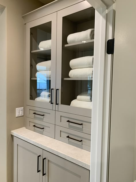 Custom Bathroom Cabinet Ideas, Large Bathroom Storage, Bathroom With A Lot Of Storage, Bathroom Upper Cabinets Storage, Large Bathroom Storage Cabinet, Bathroom Built In Storage Cabinet, Linen Storage In Laundry Room, Luxury Bathroom Storage, Closets In Bathroom Master