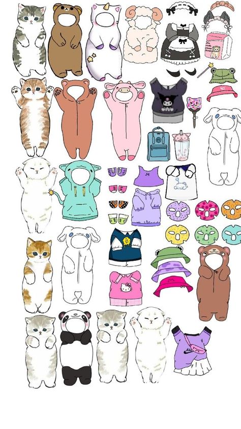 Cat Paper Dolls Free Printable, Paper Cat Doll, Cute Stickers Printable Kawaii Stamps, Cat Paper Doll, Kawaii Cat Drawing, Free Printable Paper Dolls, Doll Drawing, Lilo And Stitch Drawings, Cat Printable