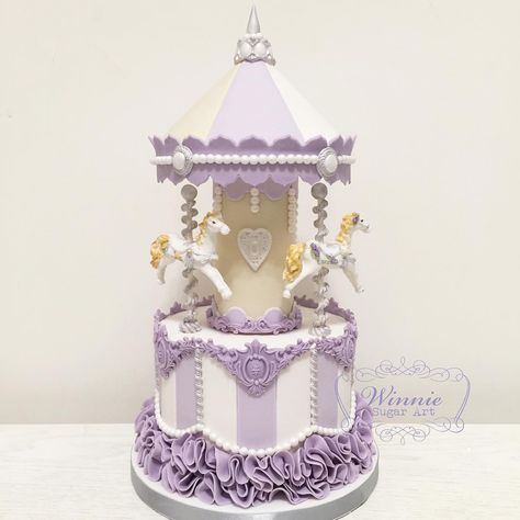 One-tier merry-go-round cake 🎂 #carousel #carouselcake #merrygoround #celebrationcake #fondant #purplecake #purplemania #birthdaycake… Carousel Theme, Carnival Cakes, Wheel Cake, Carousel Cake, Purple Cakes, Round Cake, Merry Go Round, Cake Tutorial, Sugar Art