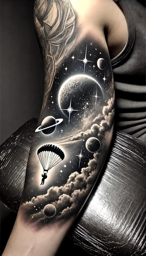 Universe Tattoo Ideas For Men, Galaxy Tree Tattoo, Space Cloud Tattoo, Trippy Realism Tattoo, Spiritual Space Tattoo, Planetary Tattoo Ideas, Sky Tattoo Men, Galaxy Tattoo Design Black And Grey, Realism Moon Tattoo