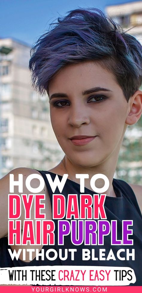 Want to dye your dark hair purple without bleach? You can do it with this easy tutorial. No need for harsh chemicals - this method uses natural ingredients that you probably already have in your kitchen. Let's get started! Purple Without Bleach, Dye Hair Purple, Dark Hair Purple, Dye Brown Hair, Dye Dark Hair, Bleach Brown Hair, Dye Black Hair, How To Make Purple, Drugstore Shampoo