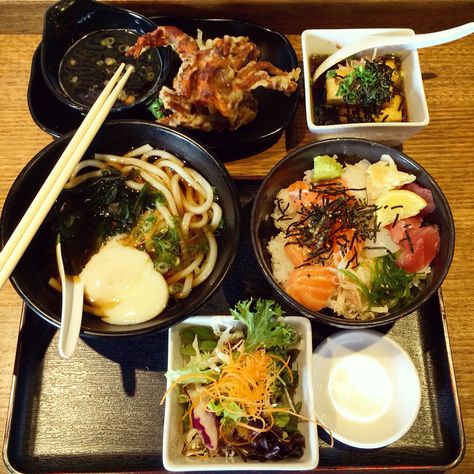 Japanese feast with soft shell crab, agedashi tofu, chirashi with rice, udon with soft boiled egg Japanese Feast, Agedashi Tofu, Soft Boiled Egg, Soft Shell Crab, Soft Boiled Eggs, Boiled Egg, Soft Shell, Healthy Meals, Crab