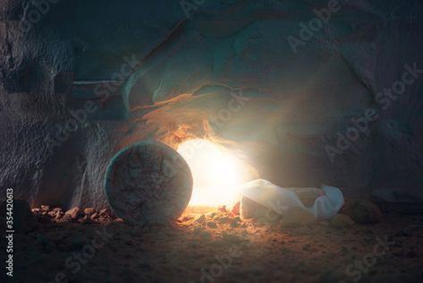 Stock Image: Jesus Christ resurrection. Christian Easter concept. Empty tomb of Jesus with light. Born to Die, Born to Rise. "He is not here he is risen". Savior, Messiah, Redeemer, Gospel. Alive. Miracle. Christ Resurrection, Tomb Of Jesus, Jesus Christ Resurrection, Empty Tomb, He Is Risen, Jesus Christ, Stock Images, Jesus, Easter