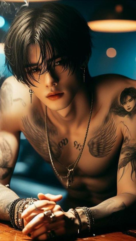 Bad Boy Character Design, Hot Demon Male, Male Chest Tattoos, Asian Male Model, Character Inspiration Male, 3d Tattoos, Dark Anime Guys, Traditional Tattoos