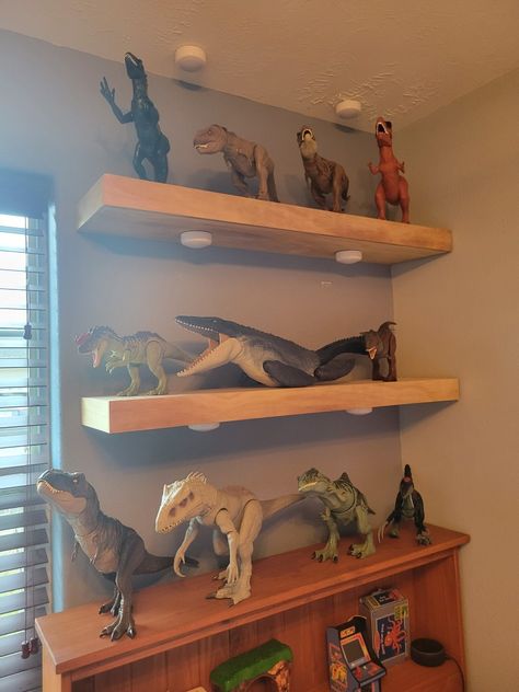 Floating Shelves Dinosaur Shelf Kids Rooms, Shelves For Dinosaurs, Toy Dinosaur Display, Toy Dinosaur Storage, Dinosaur Shelf Display, Playroom Display Shelves, Large Dinosaur Toy Storage, Dinosaur Collection Display, Dinosaur Toy Display