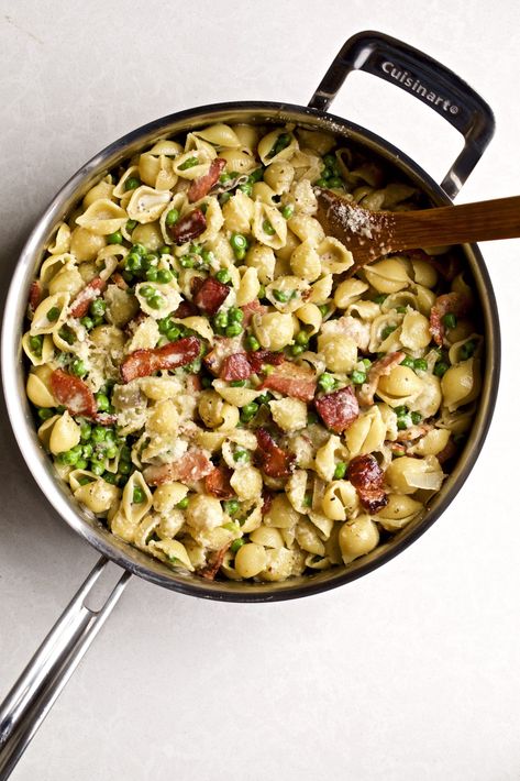 Creamy Pasta Shells with Sweet Peas and Bacon | CucinaByElena Shells Pasta Recipes, Peas And Bacon, Shells Pasta, Shell Pasta Recipes, Pasta With Peas, Pasta Varieties, Pasta Salad With Tortellini, Homemade Comfort Food, Easy Pasta Dinner