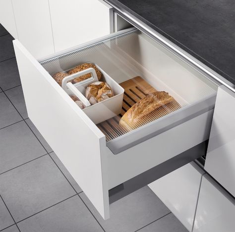 Drawer box for food, Hailo Pantry Box - in the Häfele Australia Shop Bread Drawer, Outdoor Camping Kitchen, Larder Cupboard, Pantry Boxes, Kitchen Cupboard Doors, Kitchen Cabinet Drawers, Bread Storage, Kitchen Organisation, Kitchen Solutions