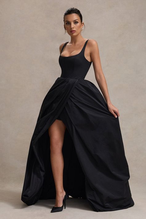 Infinite Black Strappy Maxi Dress With Volume High-Low Skirt – Club L London - USA Black A Line Bridesmaid Dresses, Formal Black Tie Dress, Edgy Prom Dress, All Black Wedding Guest Outfit, Black And White Formal Dress, Black Taffeta Dress, Structured Dresses, Birthday Mood Board, Black Formal Dresses