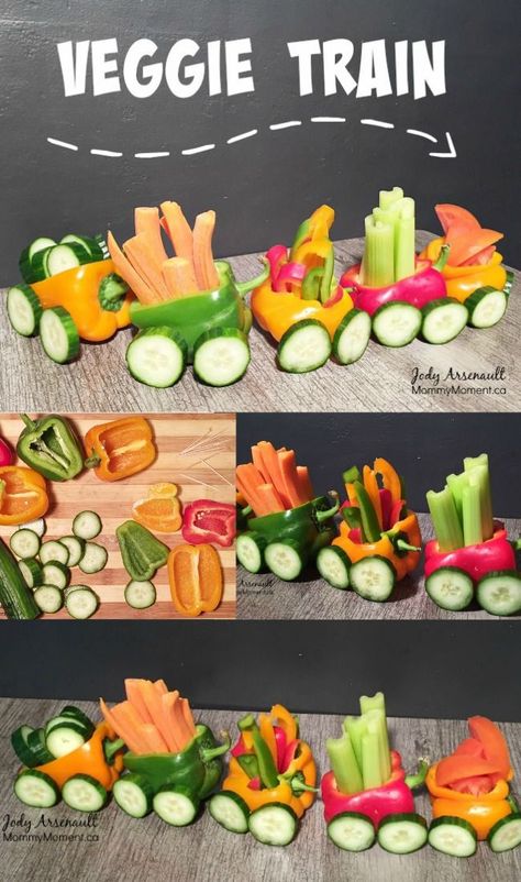 This Veggie Train Snack is fast and easy to make and so fun for the kids. Don't worry about getting it perfect, the kids will love it!!! Vegetable Train, Veggie Train, Decorações Com Comidas, Easy Veggie, Kids Party Food, Veggie Tray, God Mat, Kids Recipes, Fun Kids Food