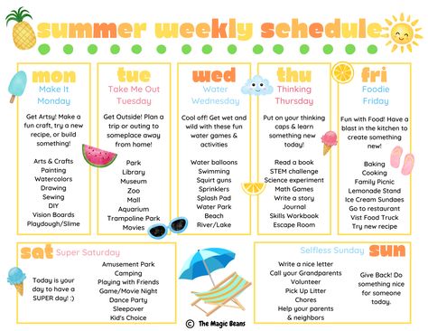 The best simple but cute summer weekly schedule handout for teachers, students and parents. Each day follows a fun theme (i.e. Make It Monday, Take Me Out Tuesday, etc.) along with easy to do ideas that are SCREEN FREE! The perfect take-home summer schedule to put in your final teacher newsletter or handout to your students before summer. Parents should hang this on their fridge all Summer long! They will be thanking their parents (and teacher!) for the great ideas! Summer Weekly Schedule, To Do Ideas, Kids Summer Schedule, Homeschool Preschool Activities, Make It Monday, Summer Schedule, Summer Fun For Kids, Kids Schedule, Fun Summer Activities