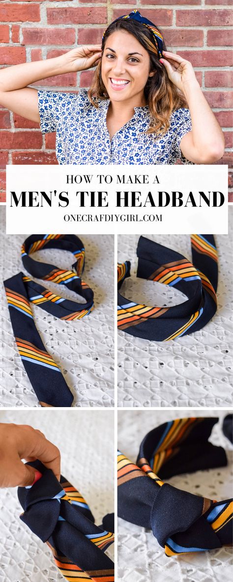 Men's Tie Headband Tutorial - One CrafDIY Girl DIY Diy Tie Headband, Tie Upcycle Ideas, Headband Ideas Diy, Diy Headbands For Women, Upcycle Ties, Diy Turban Headband, Fabric Headband Tutorial, Knotted Headband Diy, Turban Headband Tutorial