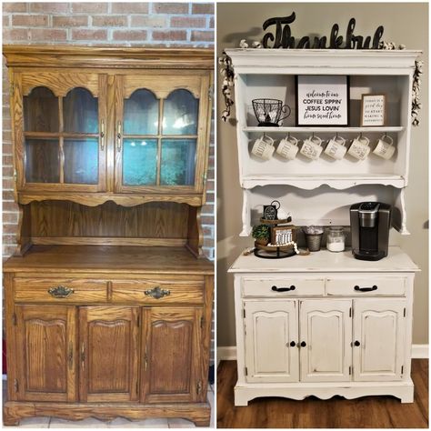 Coffee Bar Out Of China Cabinet, China Cabinet Into Coffee Bar, Coffee China Cabinet, Coffee Bar From China Cabinet, Coffee Bars In Kitchen Farmhouse Style, Coffee Bar Out Of Hutch, Coffee Hutch Ideas, Coffee Bar From Hutch, Coffee Bar Made From Old China Cabinet