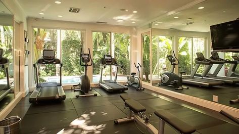 The Gym, Equipped with the Latest in Fitness Technology Mirrored Walls, Los Angeles House, Free Weights, Celebrity Homes, Fitness Technology, Los Angeles Homes, Rubber Flooring, Physical Activity, Celebrity Houses