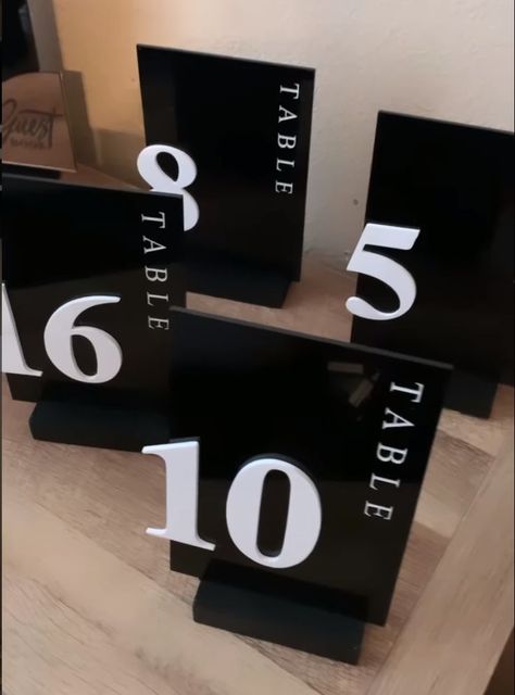 3d Table Numbers, Black Simple Wedding Decor, Black And White Table Numbers Wedding, Wedding Signage Black And White, Black And White Wedding Table Numbers, Modern Wedding Table Numbers, Modern Table Numbers Wedding, Simple Modern Wedding Decor, Monochrome Wedding Decor