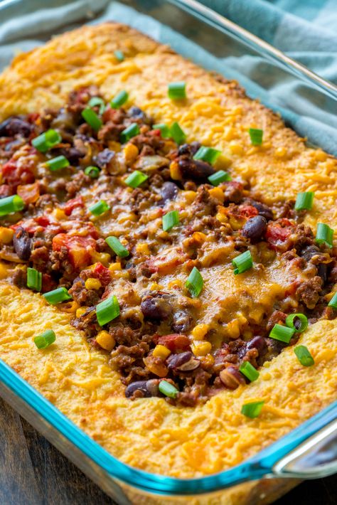 Casserole With Cornbread, Tater Casserole, Beef Lombardi, Stuffed Cornbread, Apple Enchiladas, Hawaiian Cheesecake, Unique Chili Recipes, Chili Cornbread Casserole, Onion Burgers