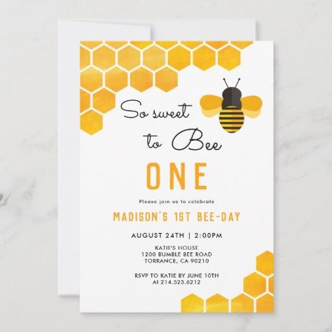 $3.08 | So Sweet To Bee One 1st Bee Day Birthday #bumble bee, little bee, honey bee, a little honey, so sweet to bee one, 1st bee day, happy bee day, bee birthday, a sweet little bee, bumble bee birthday Sweet To Bee One, 1st Bee Day, Bee Themed Birthday Party, Bumble Bee Birthday, Bee Birthday Party, Bee Day, Birthday Party Design, Girl Birthday Party Invitations, Bee Birthday