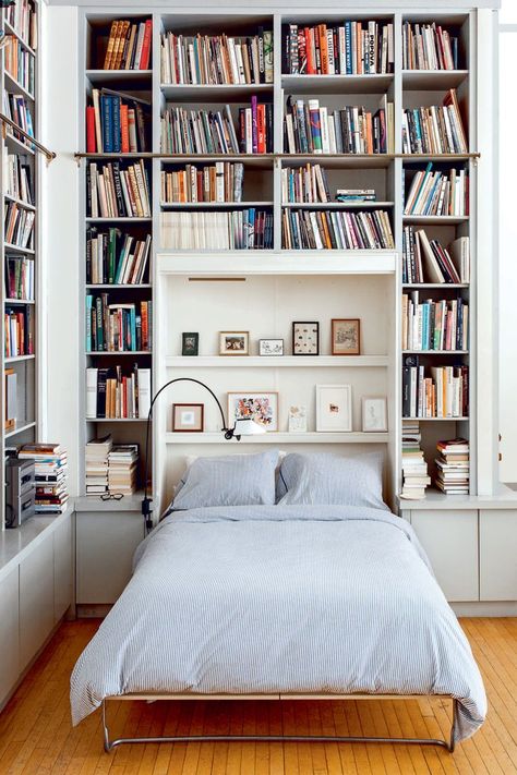 murphy bed goals Murphy Bed Bookcase, Floor To Ceiling Bookshelves, Bookshelves In Bedroom, Murphy Bed Plans, Home Library Design, Bookshelf Design, Murphy Beds, Studio Apartments, Home Libraries